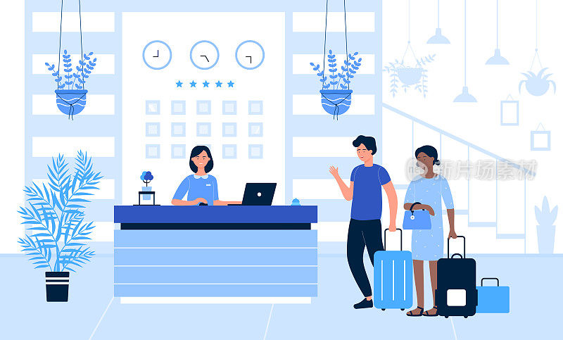 Hotel reception vector illustration, cartoon flat tourist or traveller people standing at desk in office lobby room interior, talking with receptionist background